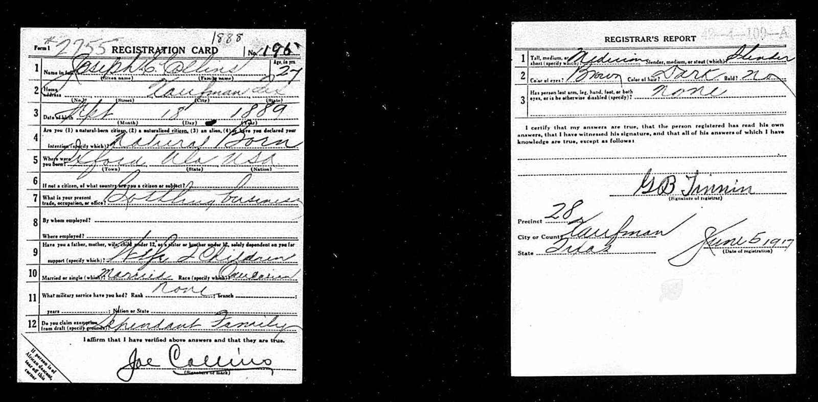 Joseph Collins, WWI Draft Registration Card.jpg