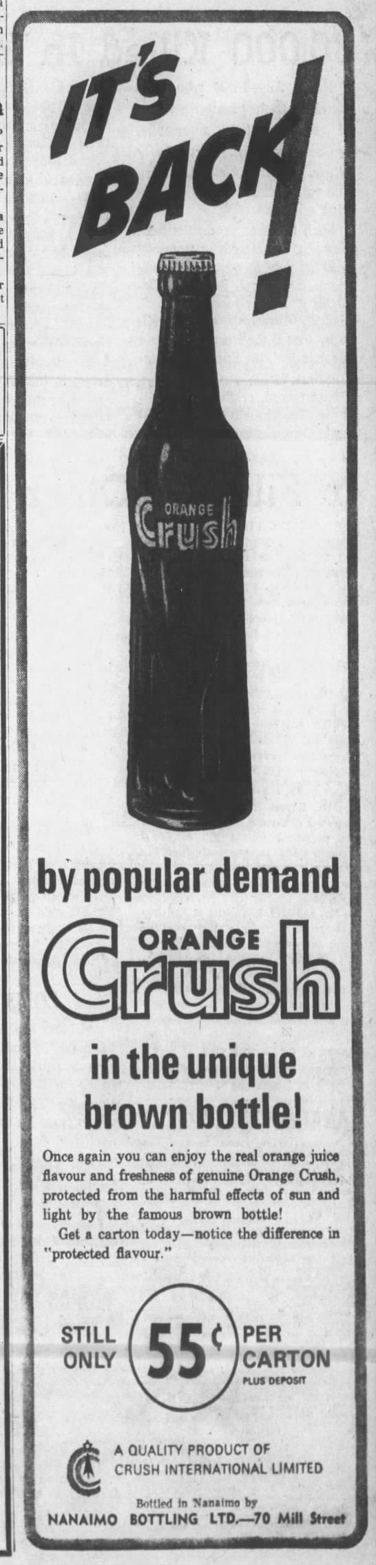 Orange Crush-back in the brown bottle-Nanaimo Daily News, 21 Jun 1965, Mon, Page 3.jpg