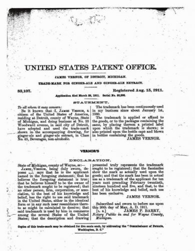 Vernor 1911 Original Trademark Document U.S. Patent Office.jpg