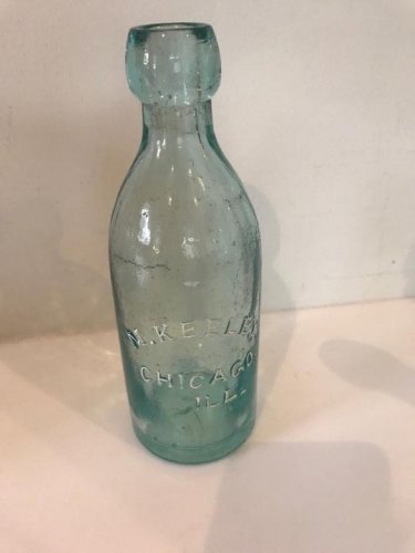 M. Keeley Chicago Ill Blue Glass Bottle, white lettering Rare bottle.jpg