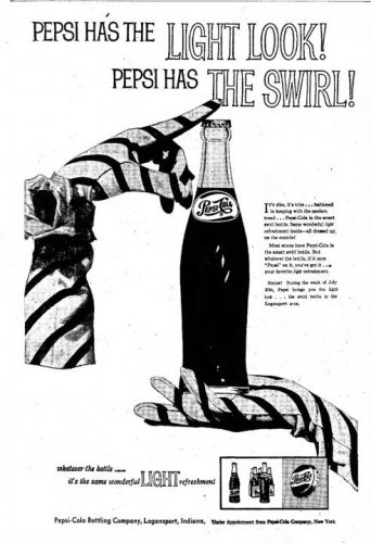 Pepsi Swirl Bottle Ad  The Logansport Press Indiana July 25, 1958.jpg