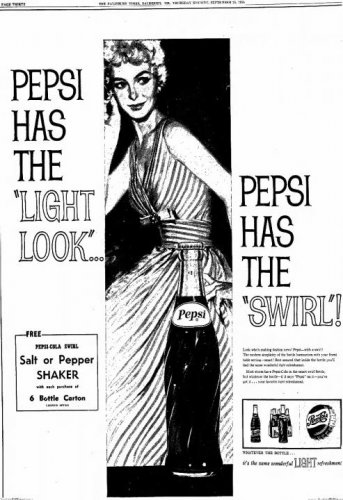 Pepsi Swirl Bottle Ad  The Daily Times Salisbury Maryland Sept 25, 1958.jpg