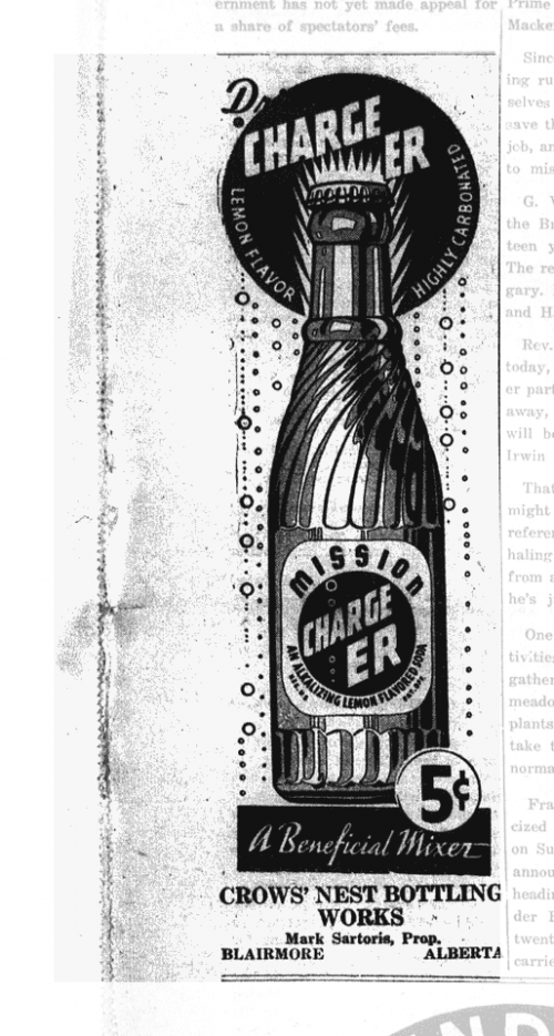 Blairmore Enterprise  July 4 1941 p 8  ad for Mission Charger mixer by Crows Nest Bottling works.png