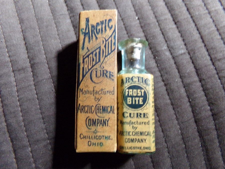 Arctic Frost Bite Cure bottle, boxed, labeled, C. 1898-1901.